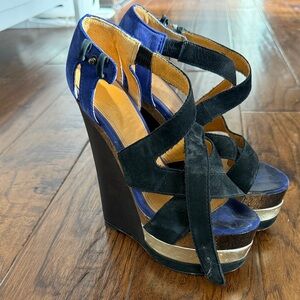 Elegant Black and Blue Wedge Sandals